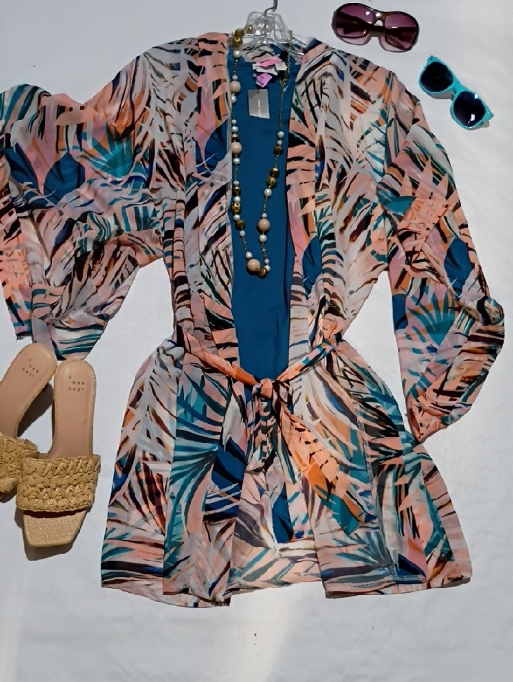 Van Heusen Sheer Tropical Print Kimono - Peach, Teal, Navy And Cream